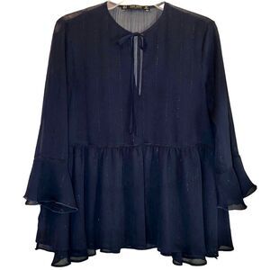 Zara Sheer Peplum Top with Tulip Sleeves in Navy Blue Women’s M